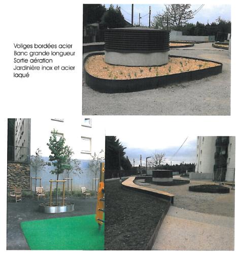 Jardinières et bancs en acier laqué et inox sur un espace public