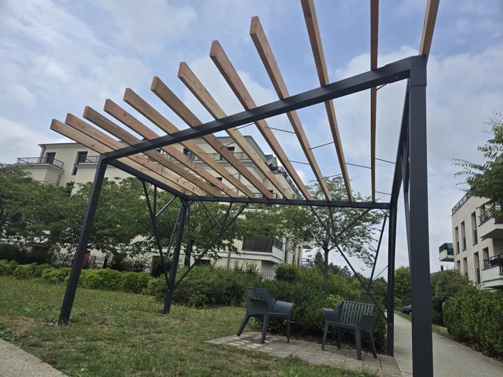 Vue d'ensemble d'une pergola métallique en forme d'arbre avec lames de bois dans un parc urbain